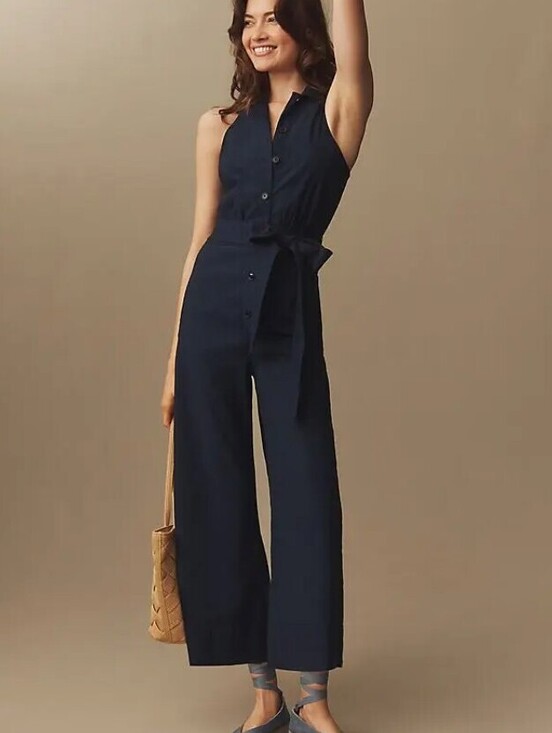 Maeve Pants - Maeve by Anthropologie Navy Halter Button-Front Sleeveless Jumpsuit - Size - 12